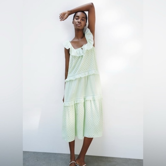 Zara Cotton Eyelet Mint Green Tiered Midi Dress Ruffles Tie Neck New Size Medium - Picture 1 of 8